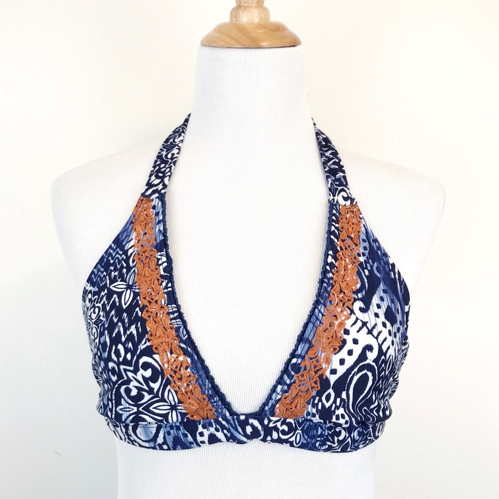 Lucky Brand Blue White Batik Print Halter Embroidered Bikini Top